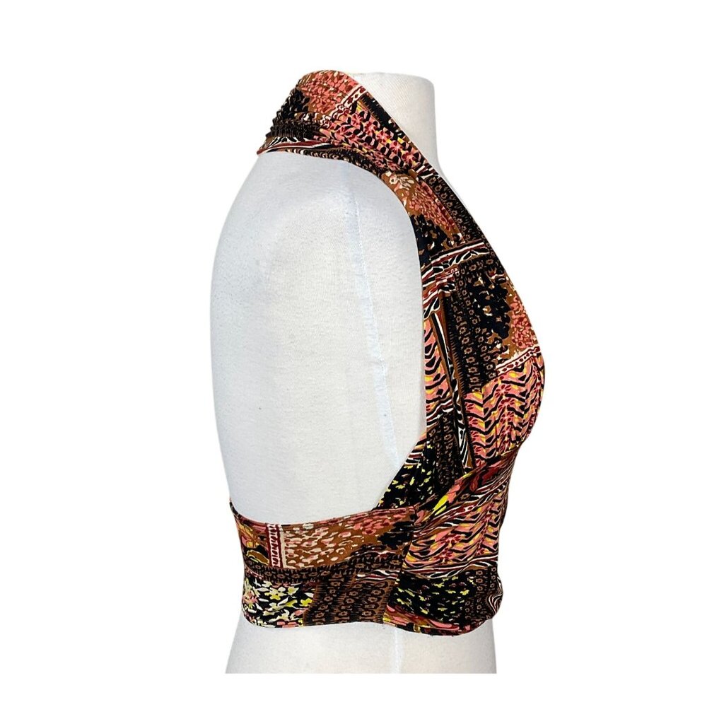 Free People Heather Print Bronze Combo Boho Halter Top Plunging Neckline LG NWT - Picture 4 of 11